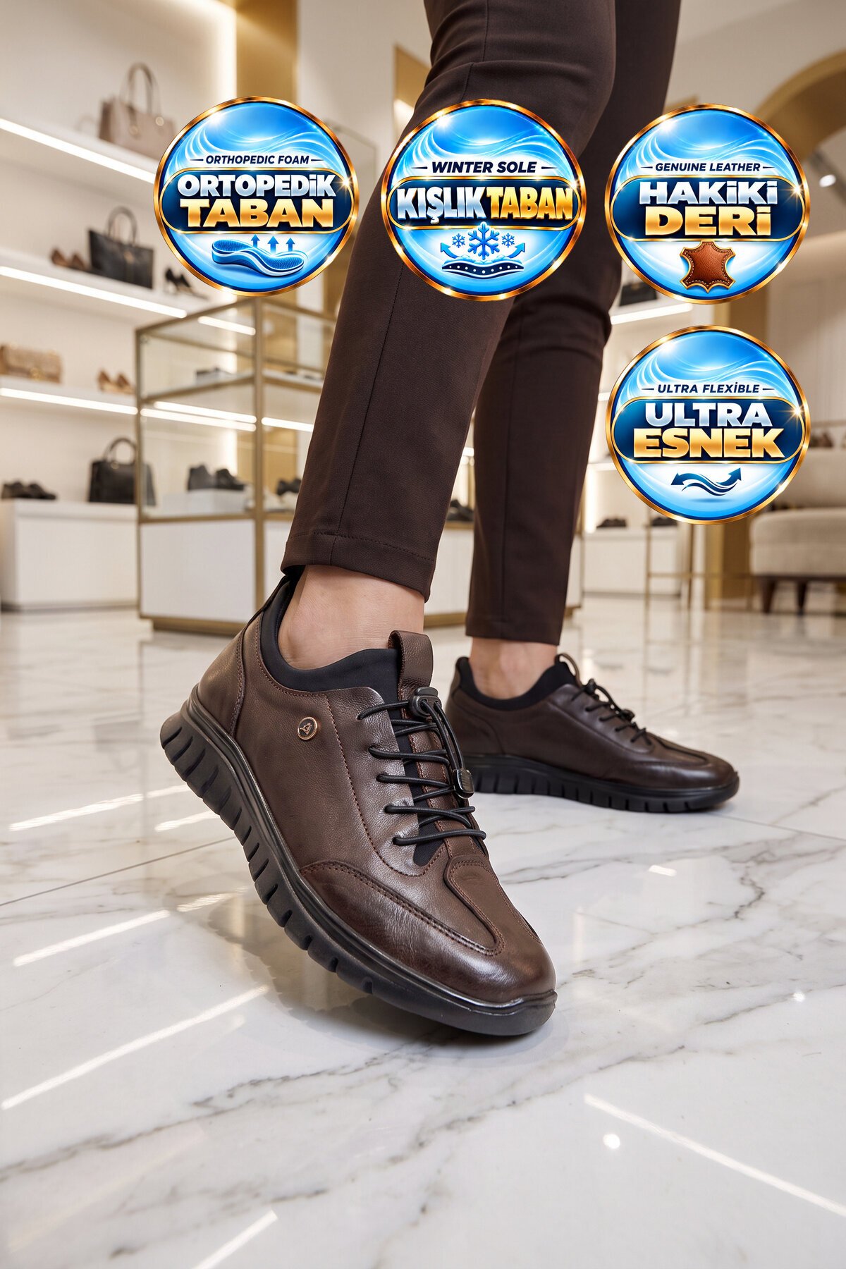 Ortopedik Rahat Tabanlı Lastik Bağcıklı Kauçuk Taban Kahve Hakiki Deri Kadın Casual Ayakkabı 8680