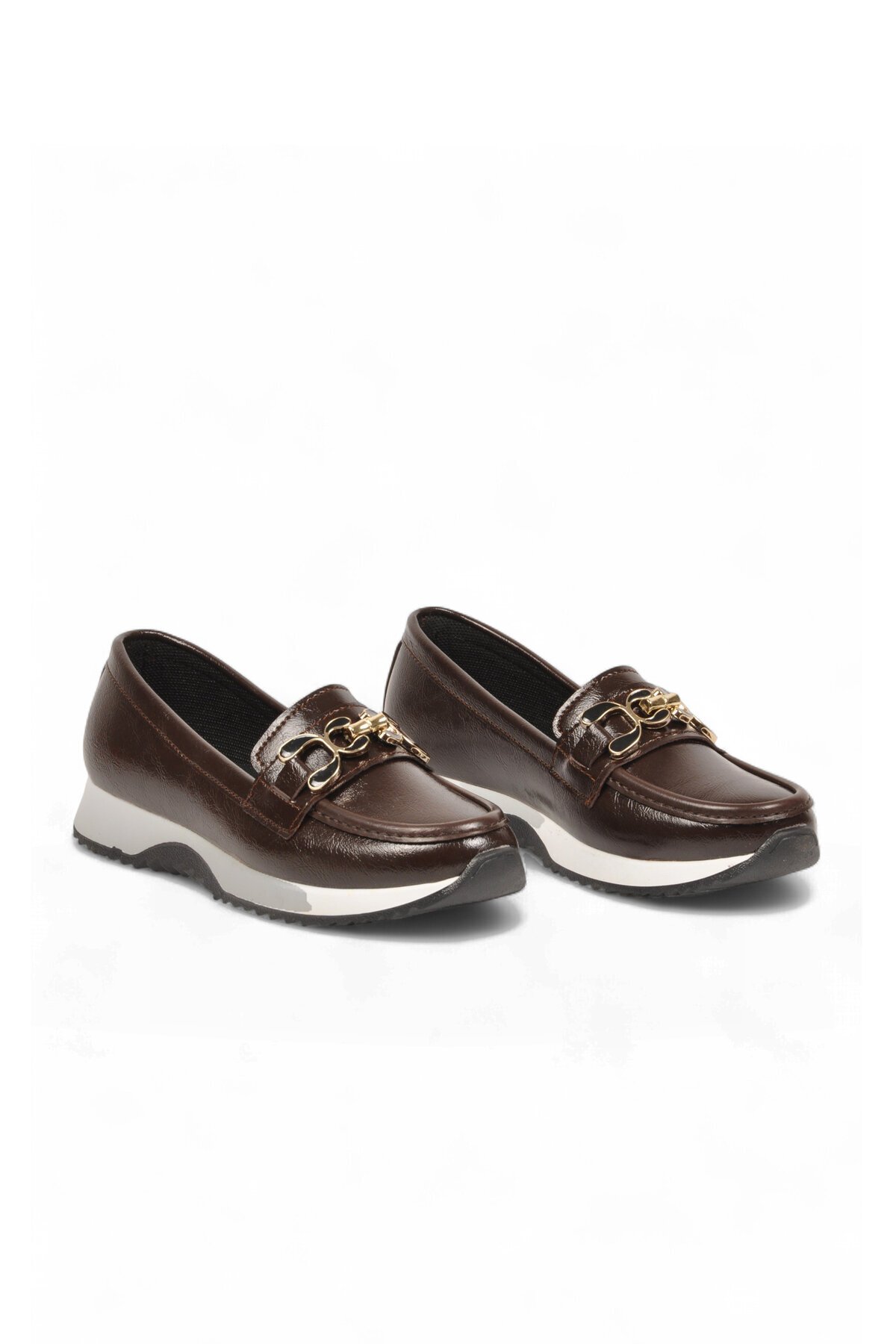 Toka Detaylı Kalın Tabanlı Şık Rahat Kahve Kırışık Kadın Casual Ayakkabı Loafer 062