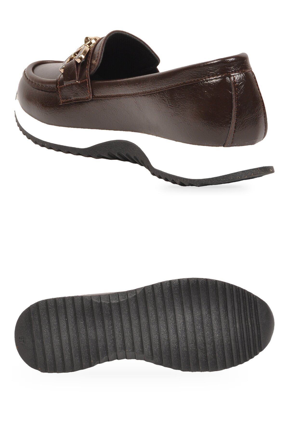 Toka Detaylı Kalın Tabanlı Şık Rahat Kahve Kırışık Kadın Casual Ayakkabı Loafer 062