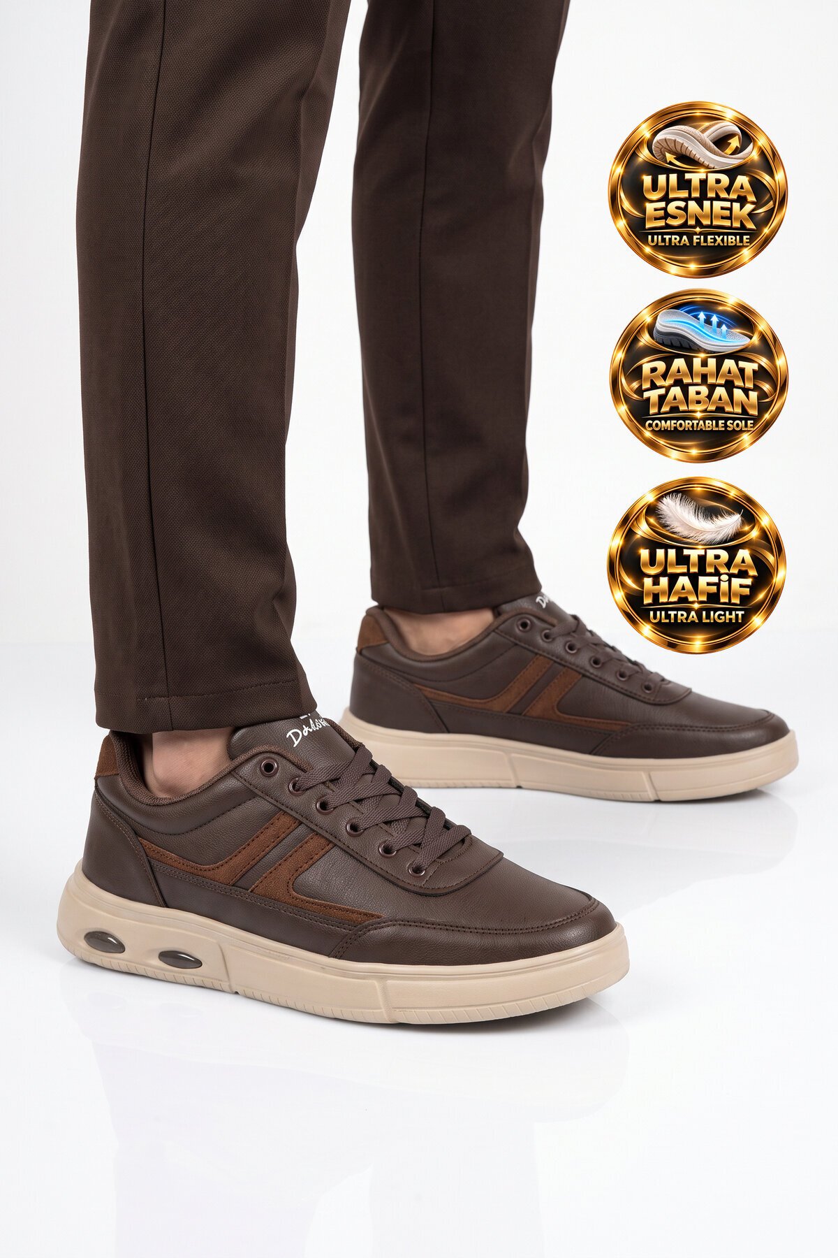Erkek Kahve Casual Ayakkabı Bağcıklı Cilt Hafif Esnek Yürüyüş Ayakkabı Sneaker 128 Cilt