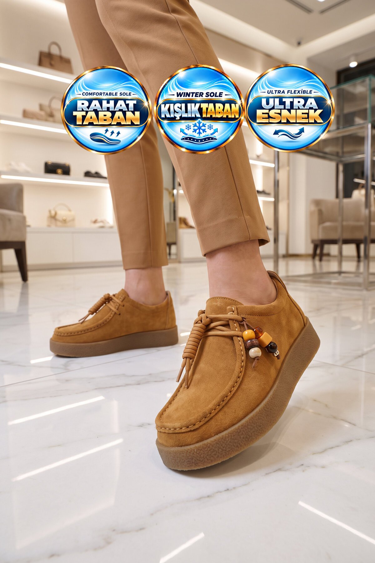 Aksesuar Bağcıklı Şık Rahat Kahve Süet Kadın Casual Ayakkabı Auren