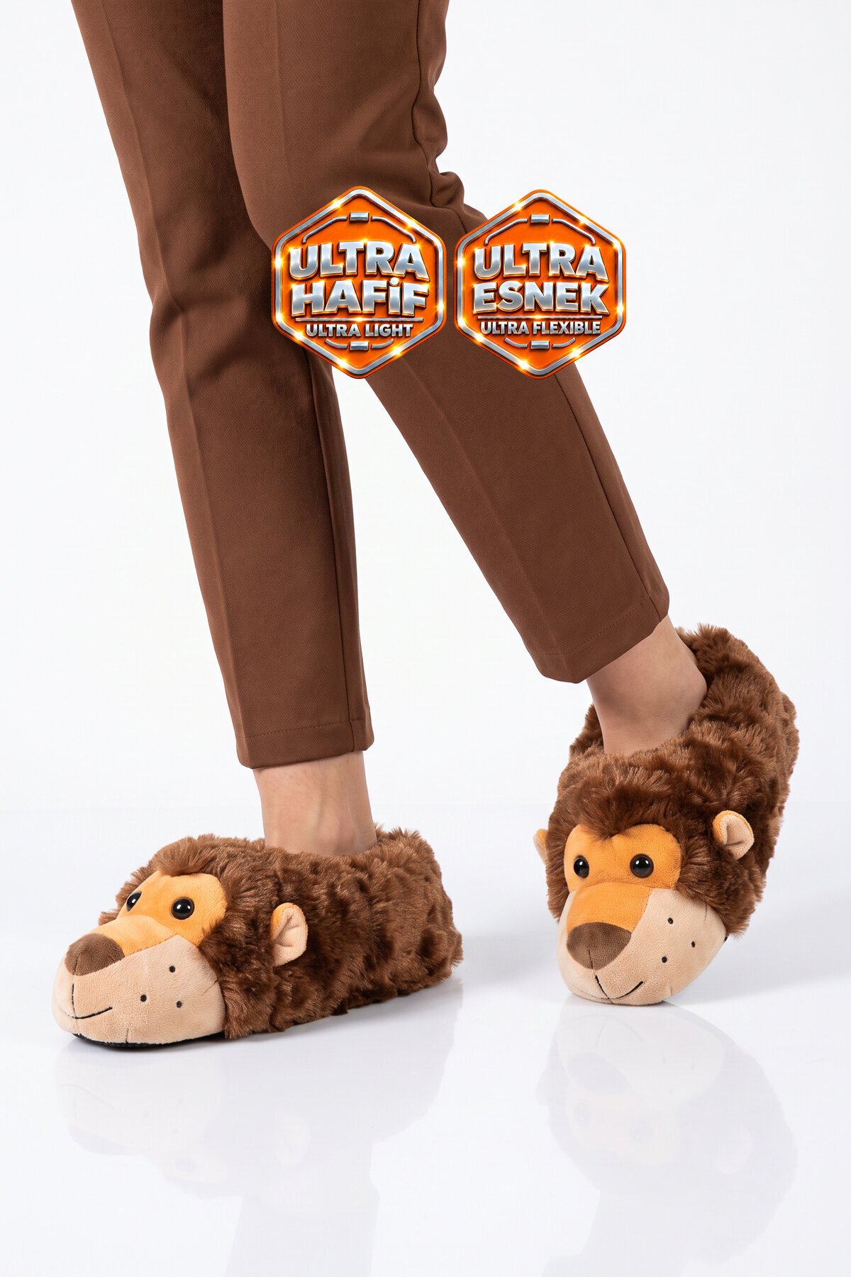 Aslan Desenli Kahve Unisex Ev Terliği Sıcak Tutan Ev Pandufu H025.Z.0006