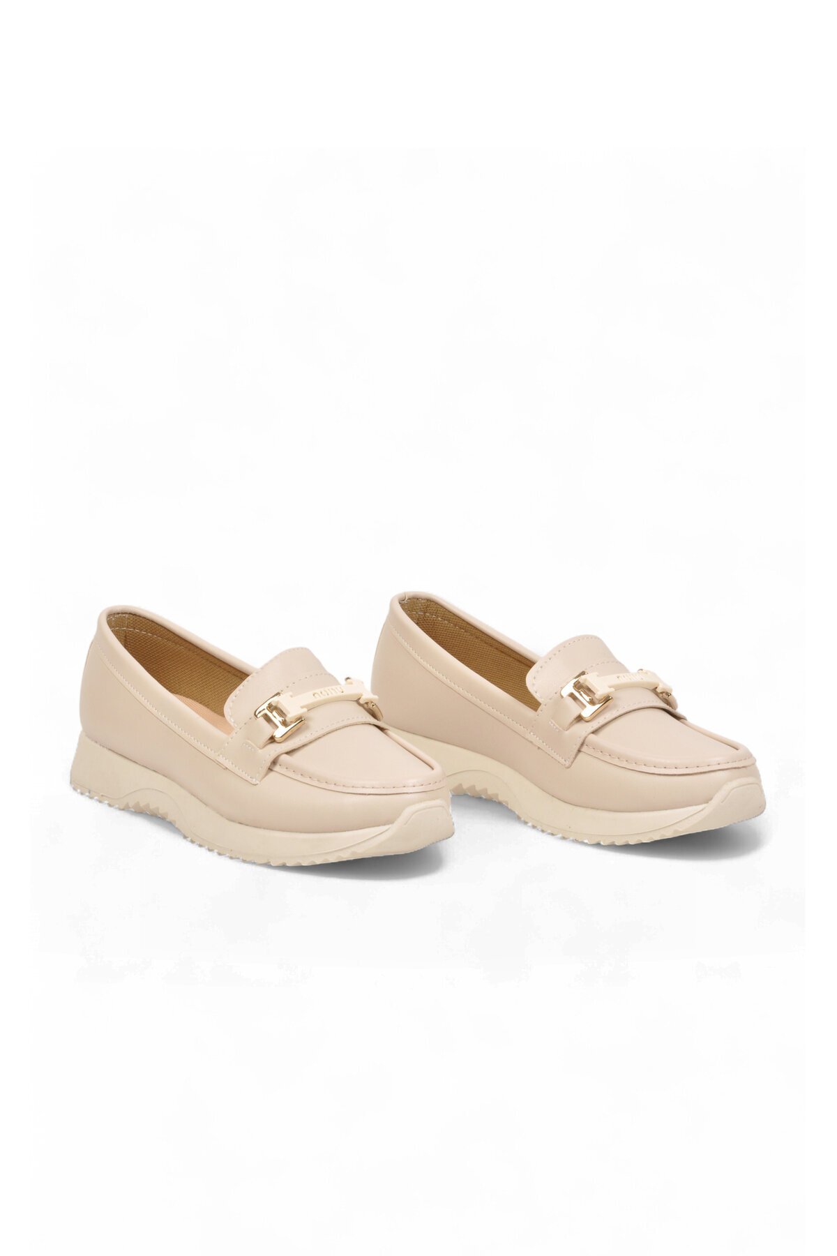 Toka Detaylı Kalın Tabanlı Şık Rahat Krem Kadın Casual Ayakkabı Loafer 067 26K