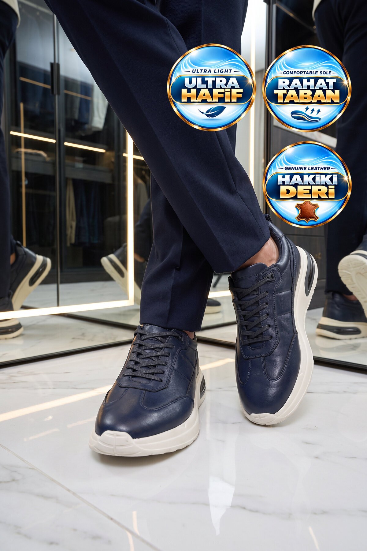 Bağcıklı Kalın Rahat Taban Sneaker Lacivert Hakiki Deri Erkek Casual Ayakkabı HZ1774-0337