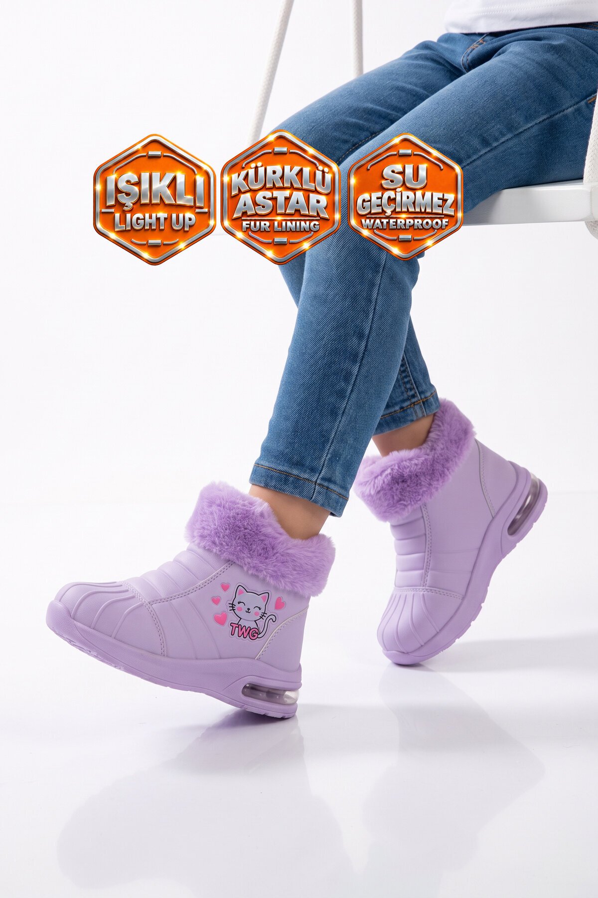 Lila Kız Çocuk Bot İçi Kürklü Soğuğa Dirençli Işıklı Çocuk Çizme 525