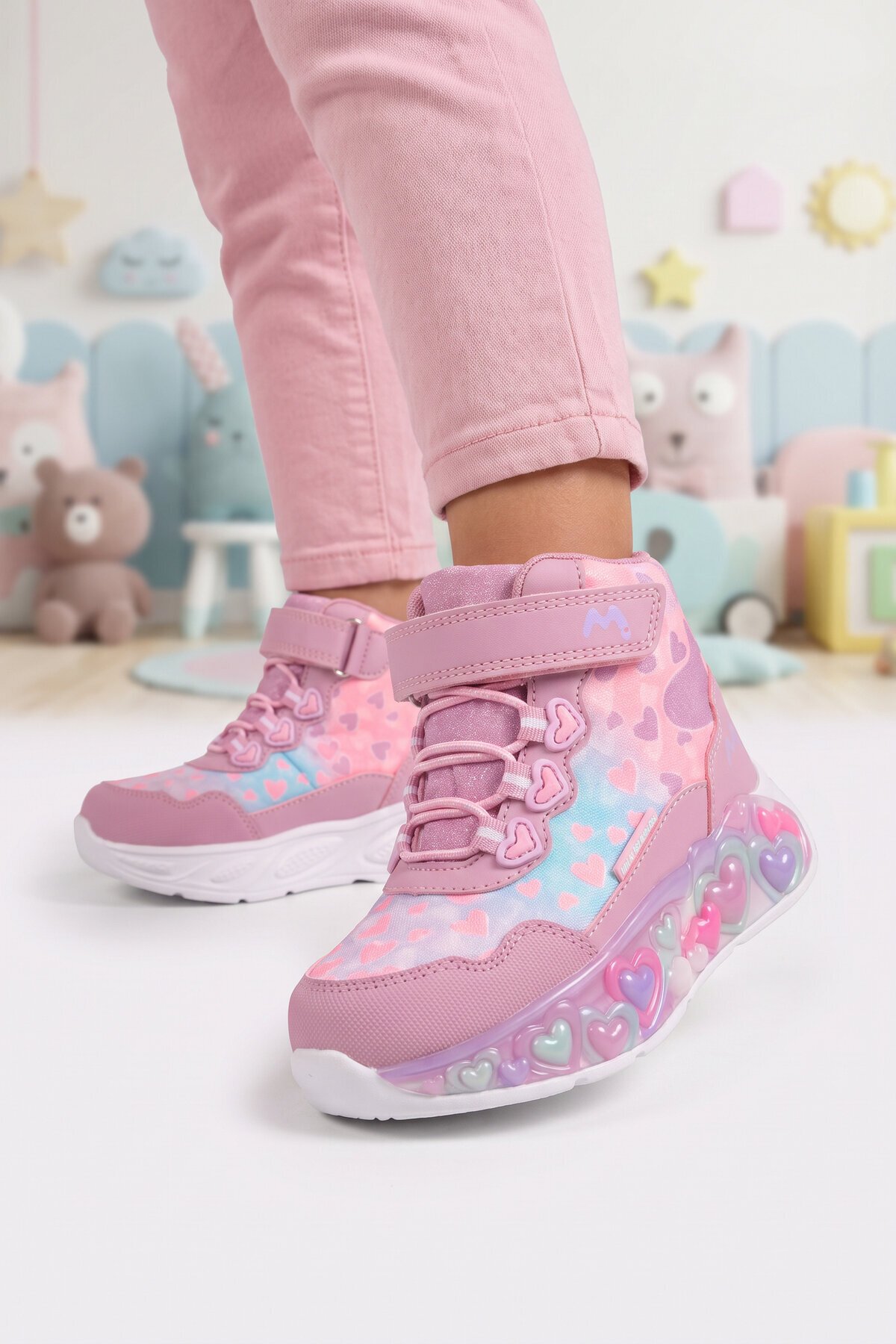 Kız Çocuk Su Geçirmez Işıklı Desenli Pembe-Lila Cırt Bantlı Sneaker Bot Montana