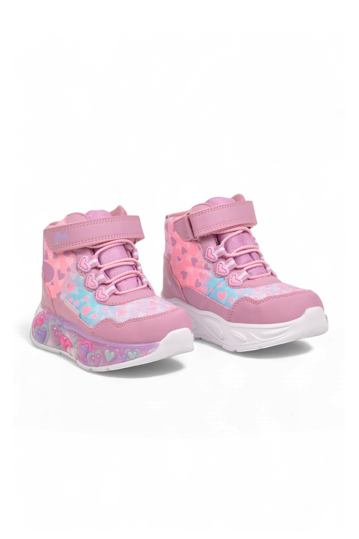 Kız Çocuk Su Geçirmez Işıklı Desenli Pembe-Lila Cırt Bantlı Sneaker Bot Montana