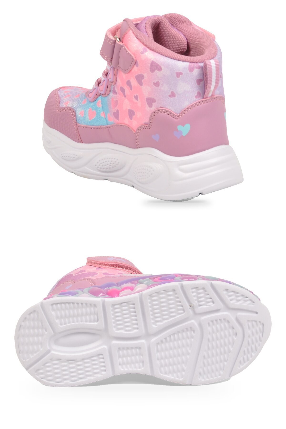 Kız Çocuk Su Geçirmez Işıklı Desenli Pembe-Lila Cırt Bantlı Sneaker Bot Montana