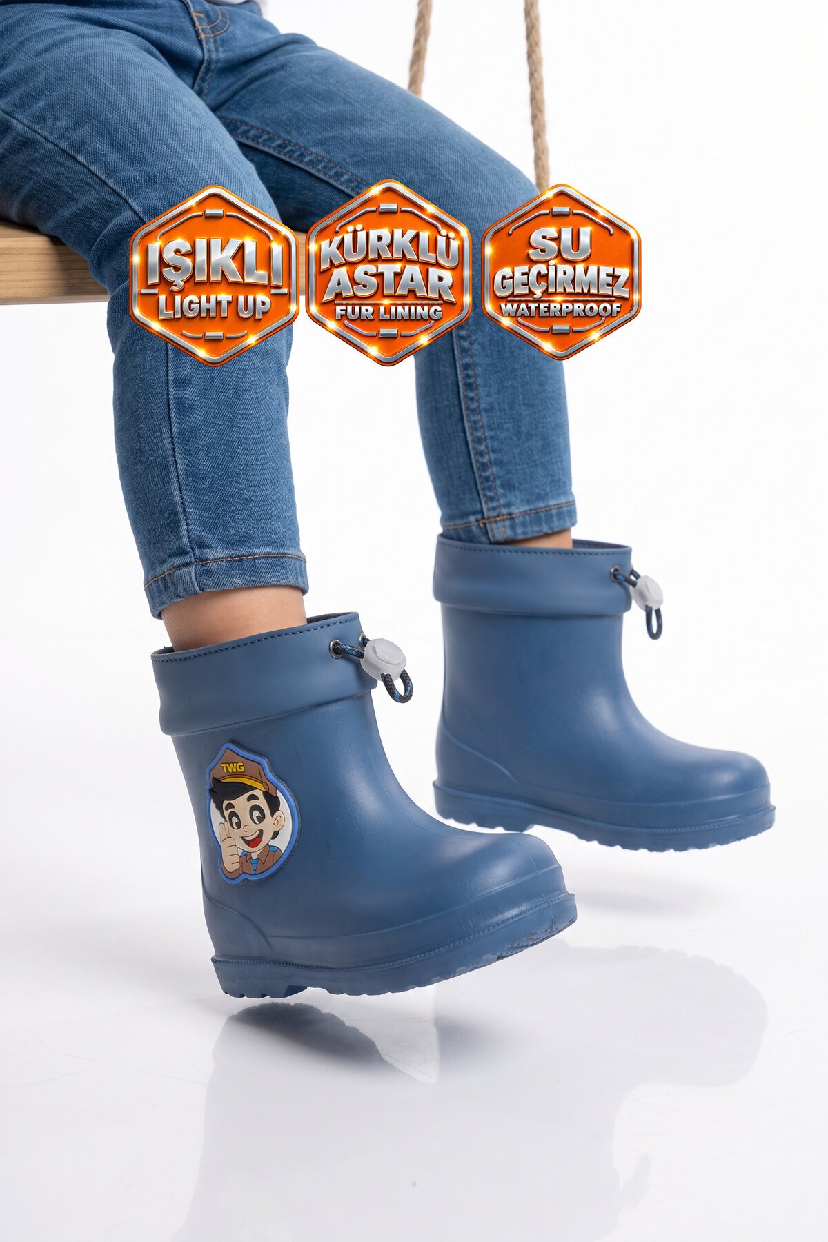 Petrol Unisex Çocuk Bot İçi Kürklü Soğuğa Dirençli Aksesuarı Işıklı Çizme 530