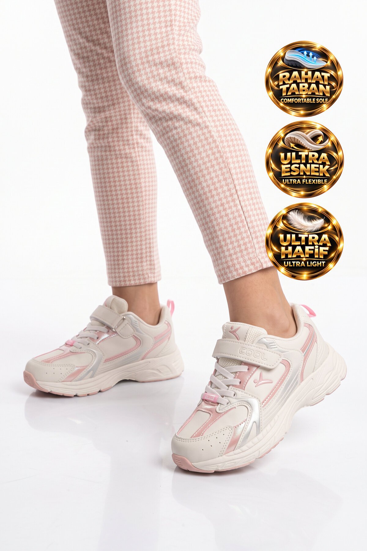 Pudra Kız Çocuk Yürüyüş ve Spor Ayakkabı Cırt Bantlı Kalın Rahat Tabanlı Sneaker Terra 26K