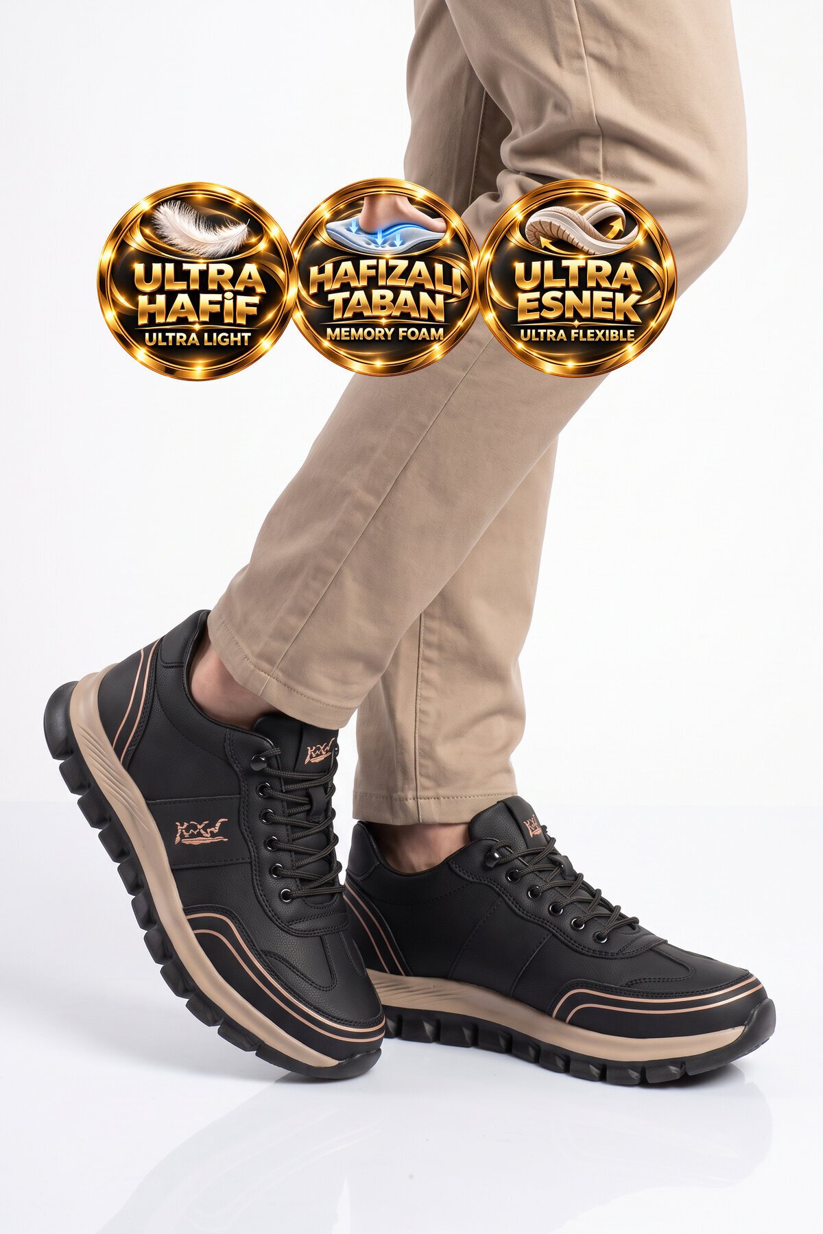 Rahat Memory Taban Sneaker Siyah Lastik Bağcıklı Erkek Casual Yürüyüş Ayakkabı Tough