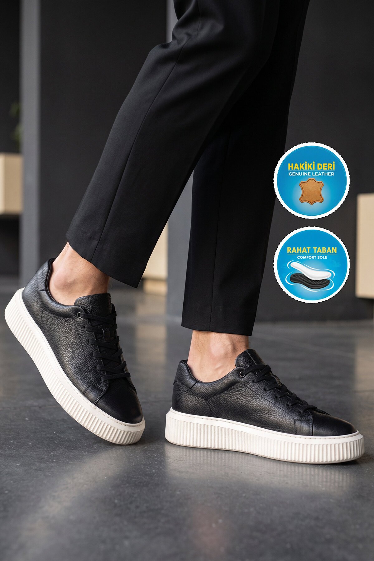 Bağcıklı Kalın Rahat Taban Sneaker Siyah-Beyaz Hakiki Deri Erkek Casual Ayakkabı HZ1458-2049