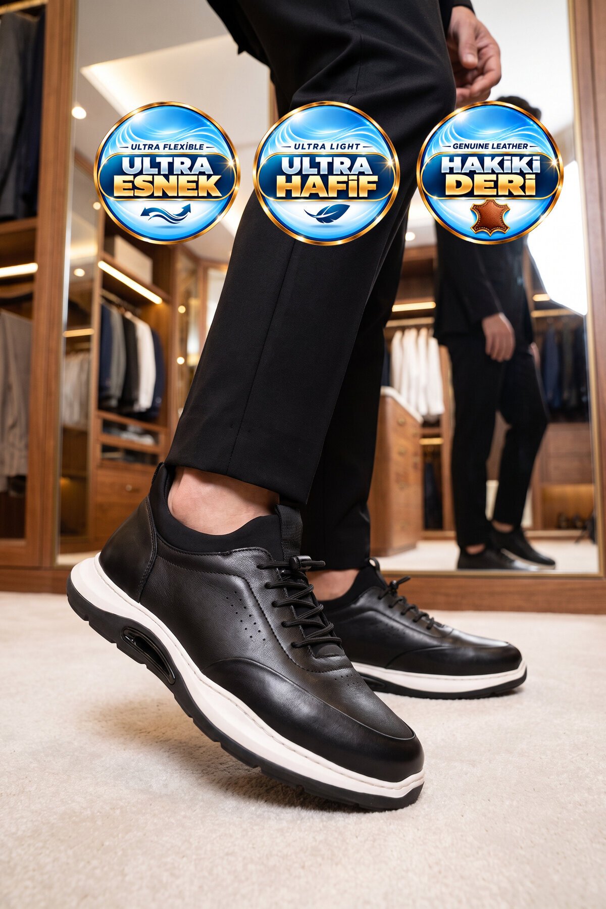 Lastik Bağcıklı Kauçuk Tabanlı Sneaker Şık Rahat Siyah-Beyaz Hakiki Deri Erkek Casual Ayakkabı HZ2844-8225