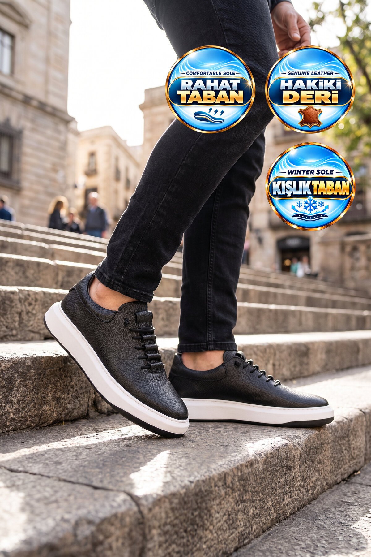 Siyah-Beyaz Hakiki Deri Erkek Sneaker Lastik Bağcıklı Kalın Rahat Taban Casual Ayakkabı 272304