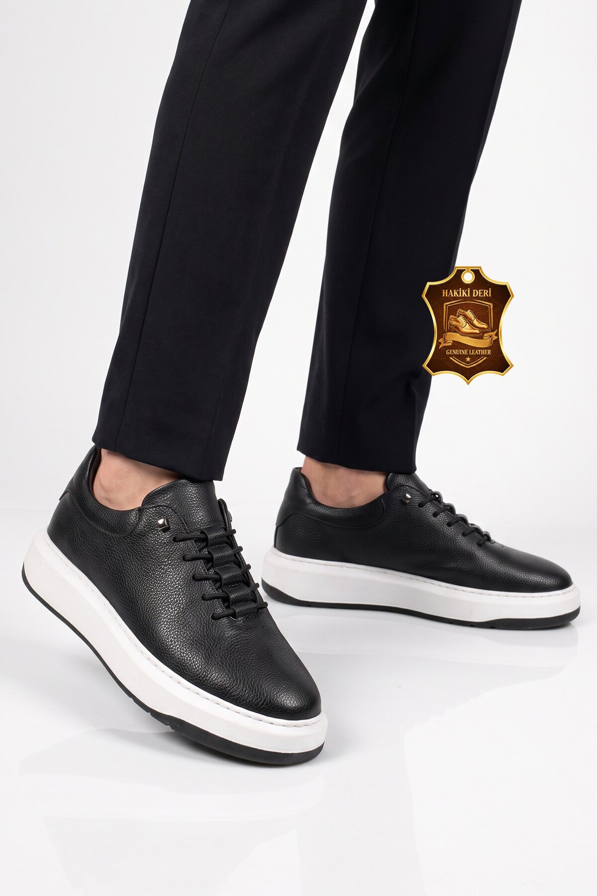 Siyah-Beyaz Hakiki Deri Erkek Sneaker Lastik Bağcıklı Kalın Rahat Taban Casual Ayakkabı 272304