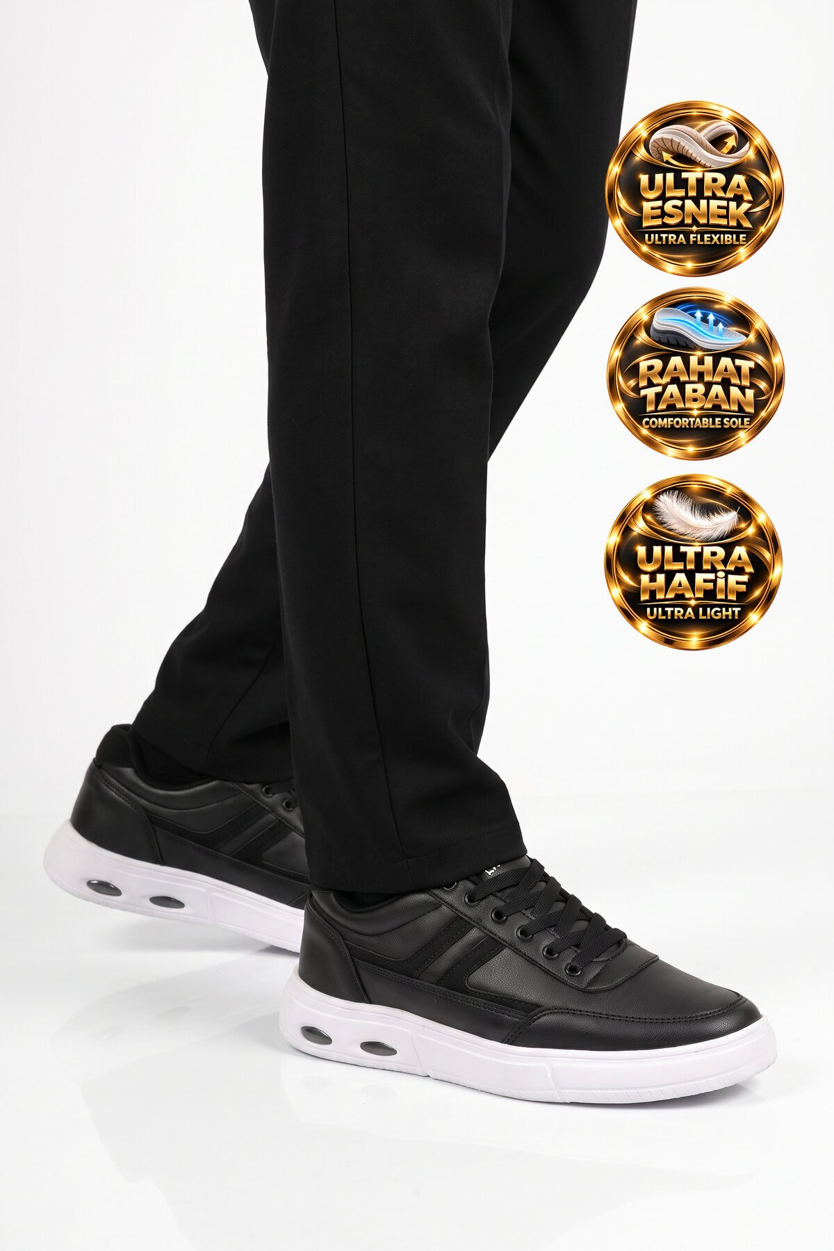 Erkek Siyah-Beyaz Casual Ayakkabı Bağcıklı Cilt Hafif Esnek Yürüyüş Ayakkabı Sneaker 128 Cilt