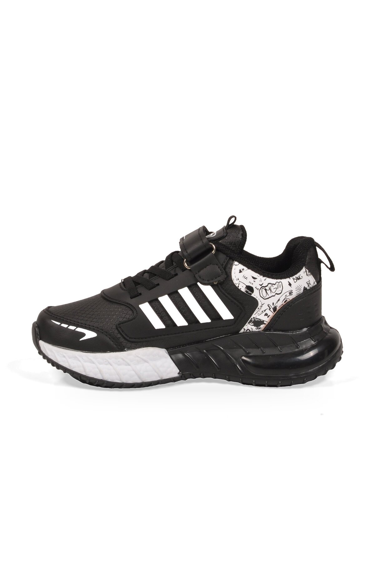 Siyah-Beyaz Erkek Çocuk Spor Ayakkabı Cırt Bantlı Kalın Tabanlı Sneaker 748 Cilt