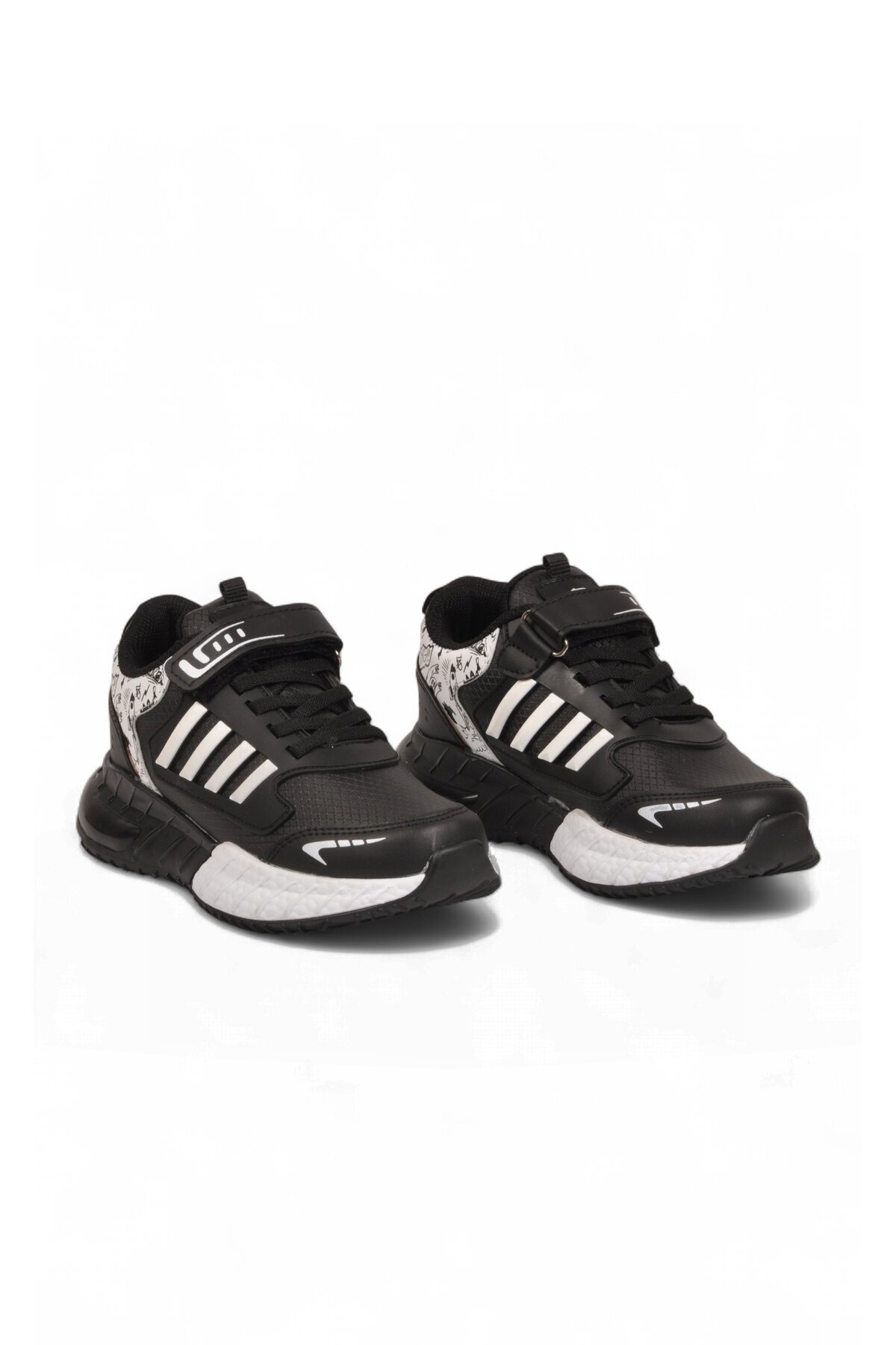Siyah-Beyaz Erkek Çocuk Spor Ayakkabı Cırt Bantlı Kalın Tabanlı Sneaker 748 Cilt
