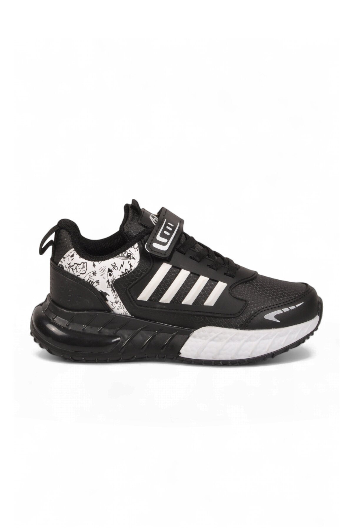 Siyah-Beyaz Erkek Çocuk Spor Ayakkabı Cırt Bantlı Kalın Tabanlı Sneaker 748 Cilt