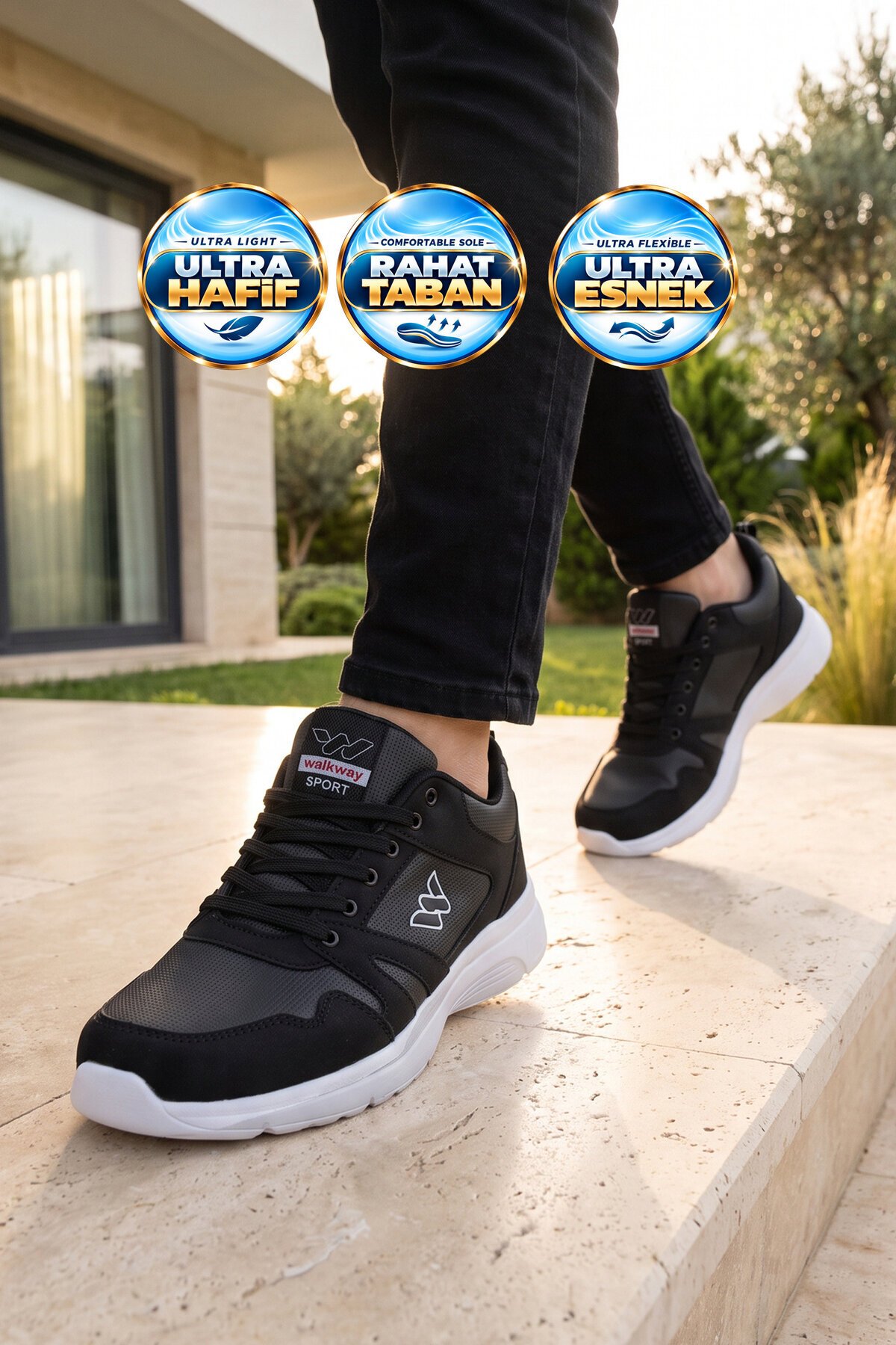 Erkek Siyah-Beyaz Bağcıklı Hafif Esnek Yürüyüş ve Spor Ayakkabı Sneaker Core 020