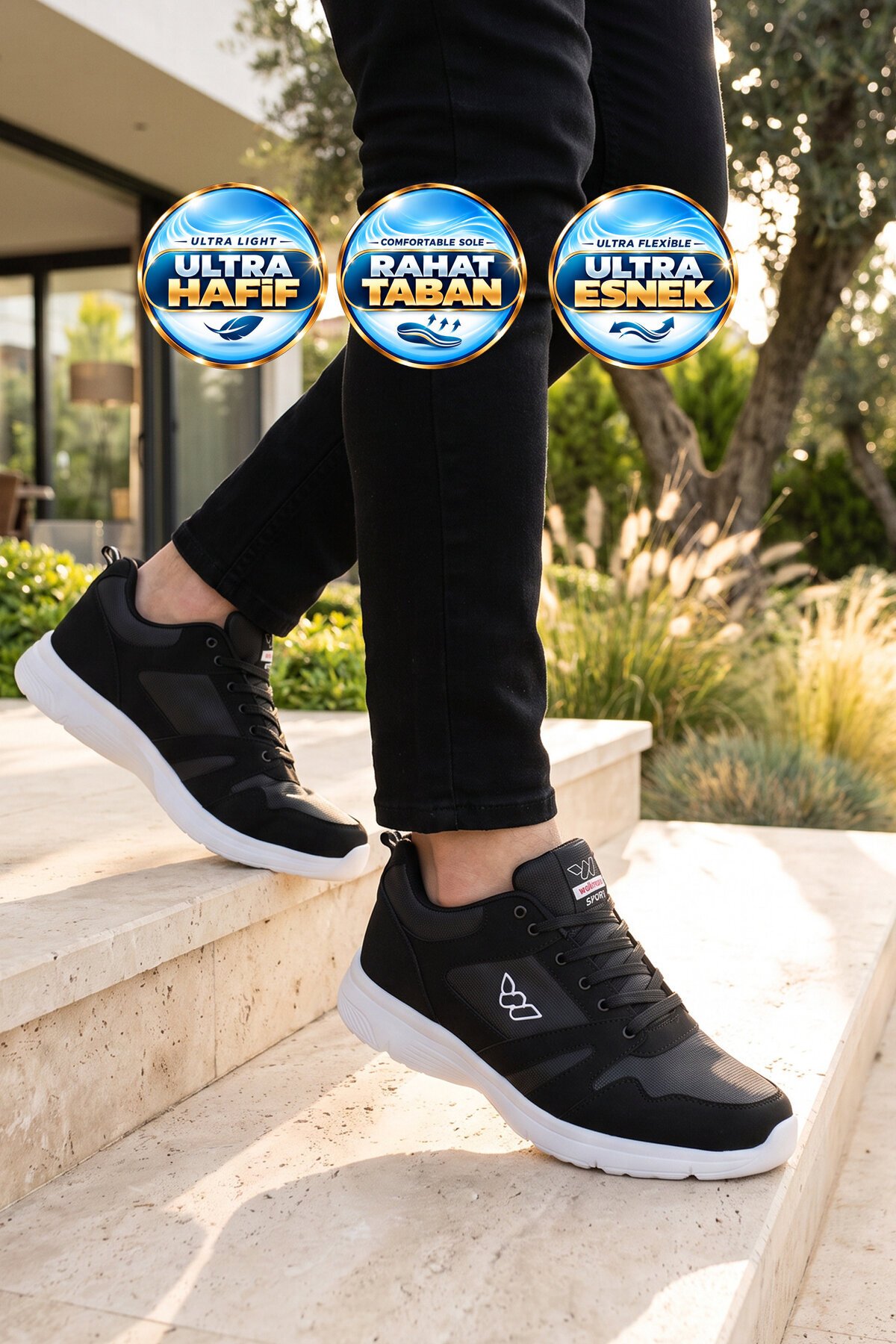 Erkek Siyah-Beyaz Büyük Numara Bağcıklı Hafif Esnek Yürüyüş ve Spor Ayakkabı Sneaker Core 020