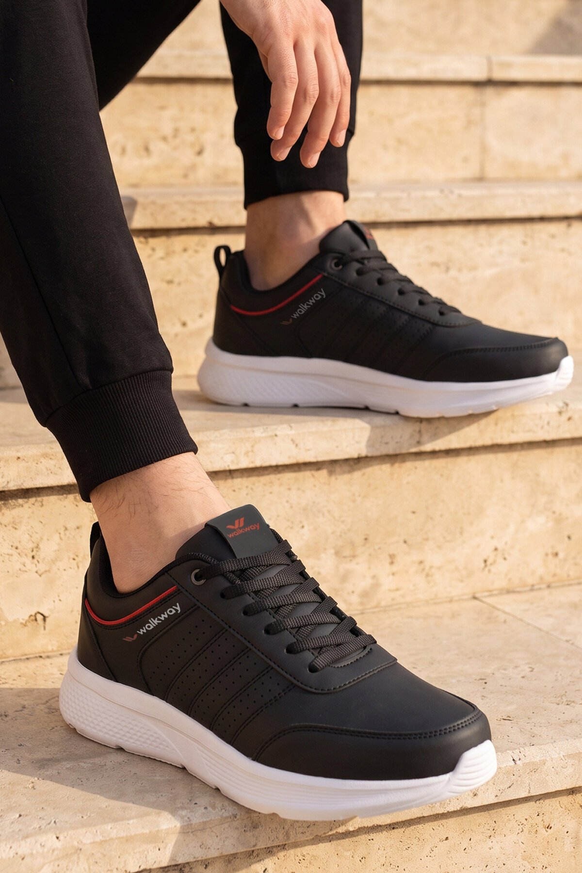 Erkek Bağcıklı Hafif Esnek Siyah-Beyaz Yürüyüş ve Spor Ayakkabı Sneaker Wood 4040