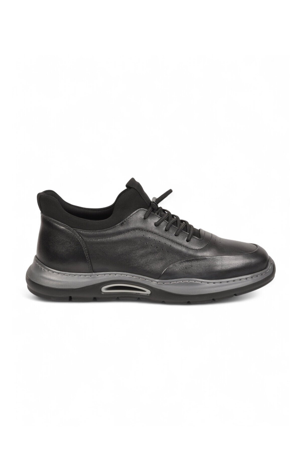Lastik Bağcıklı Kauçuk Tabanlı Sneaker Şık Rahat Siyah-Füme Hakiki Deri Erkek Casual Ayakkabı HZ2844-8225