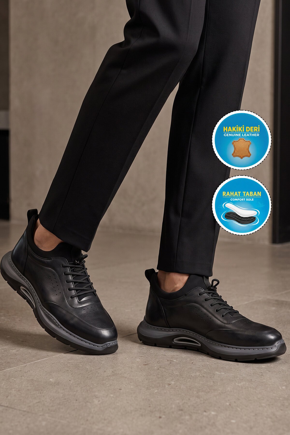 Lastik Bağcıklı Kauçuk Tabanlı Sneaker Şık Rahat Siyah-Füme Hakiki Deri Erkek Casual Ayakkabı HZ2844-8225