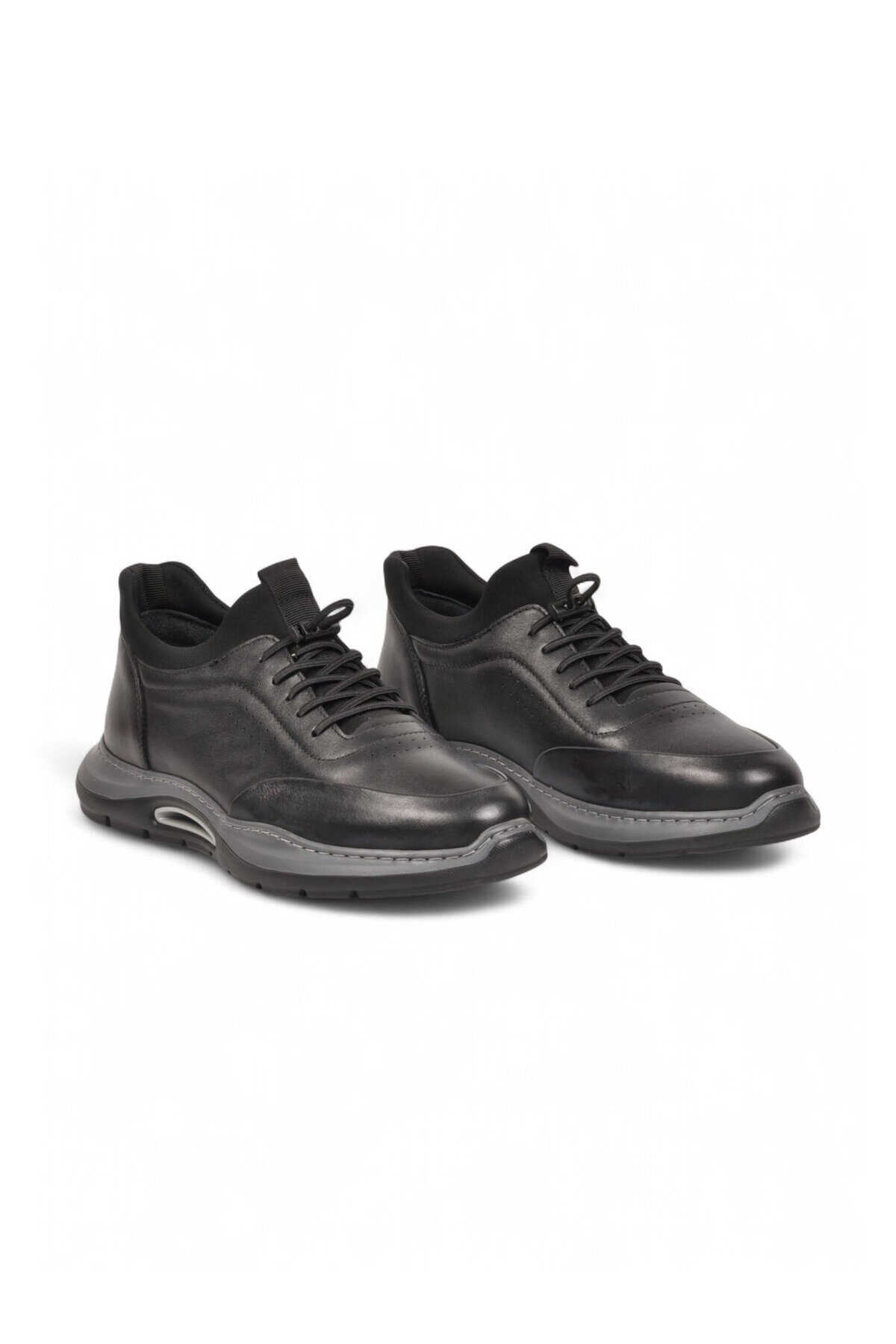 Lastik Bağcıklı Kauçuk Tabanlı Sneaker Şık Rahat Siyah-Füme Hakiki Deri Erkek Casual Ayakkabı HZ2844-8225