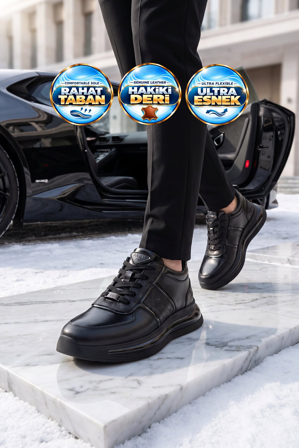 Erkek Siyah Hakiki Deri Bağcıklı Casual Ayakkabı Rahat Şık Sneaker 152-24176