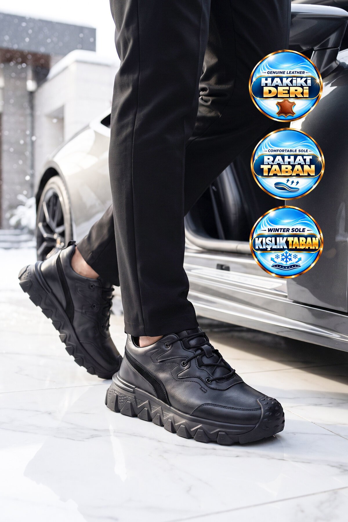 Erkek Siyah Hakiki Deri Casual Ayakkabı Bağcıklı Rahat Tabanlı Şık Sneaker 152-24252
