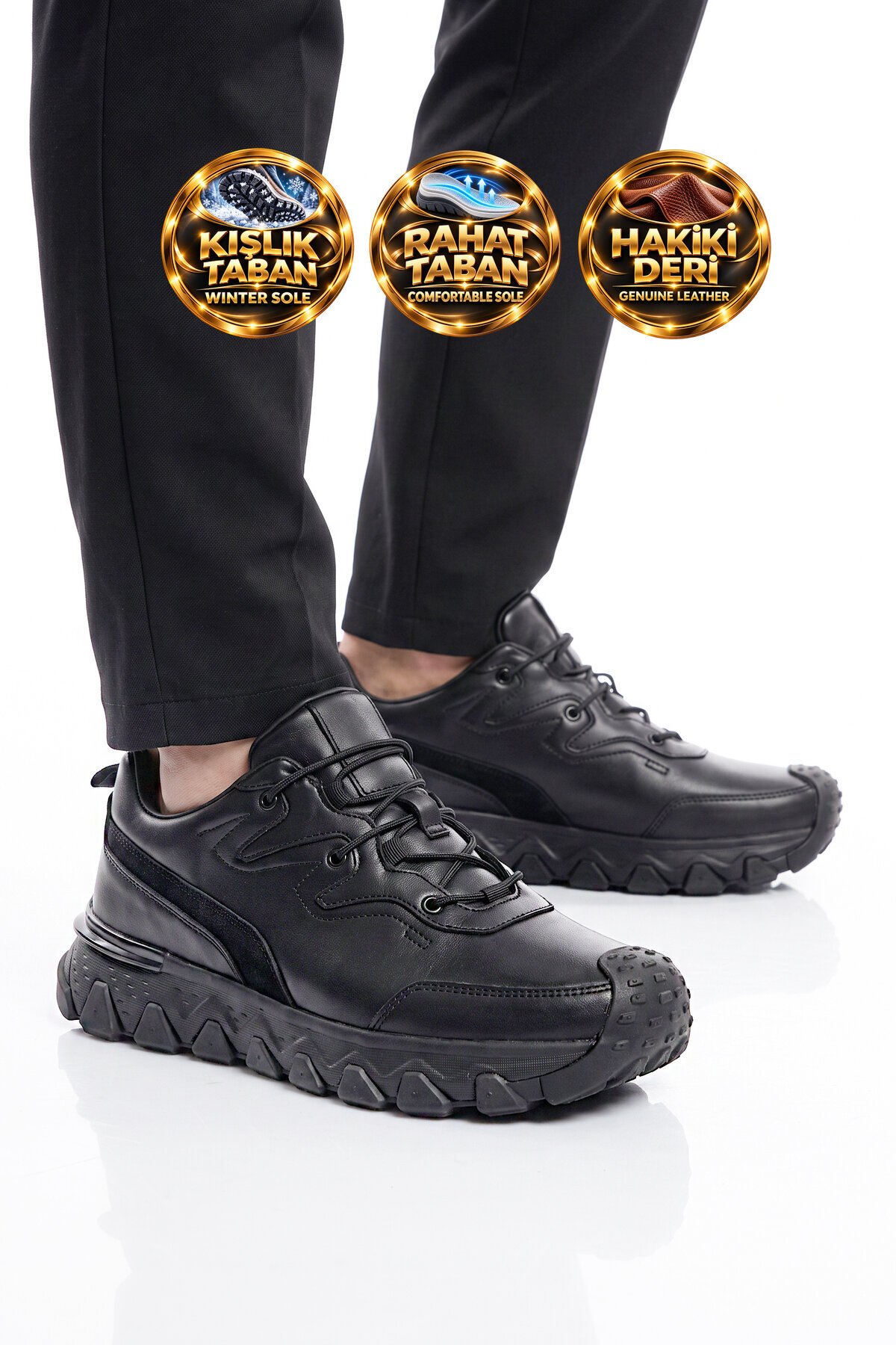 Erkek Siyah Hakiki Deri Casual Ayakkabı Bağcıklı Rahat Tabanlı Şık Sneaker 152-24252