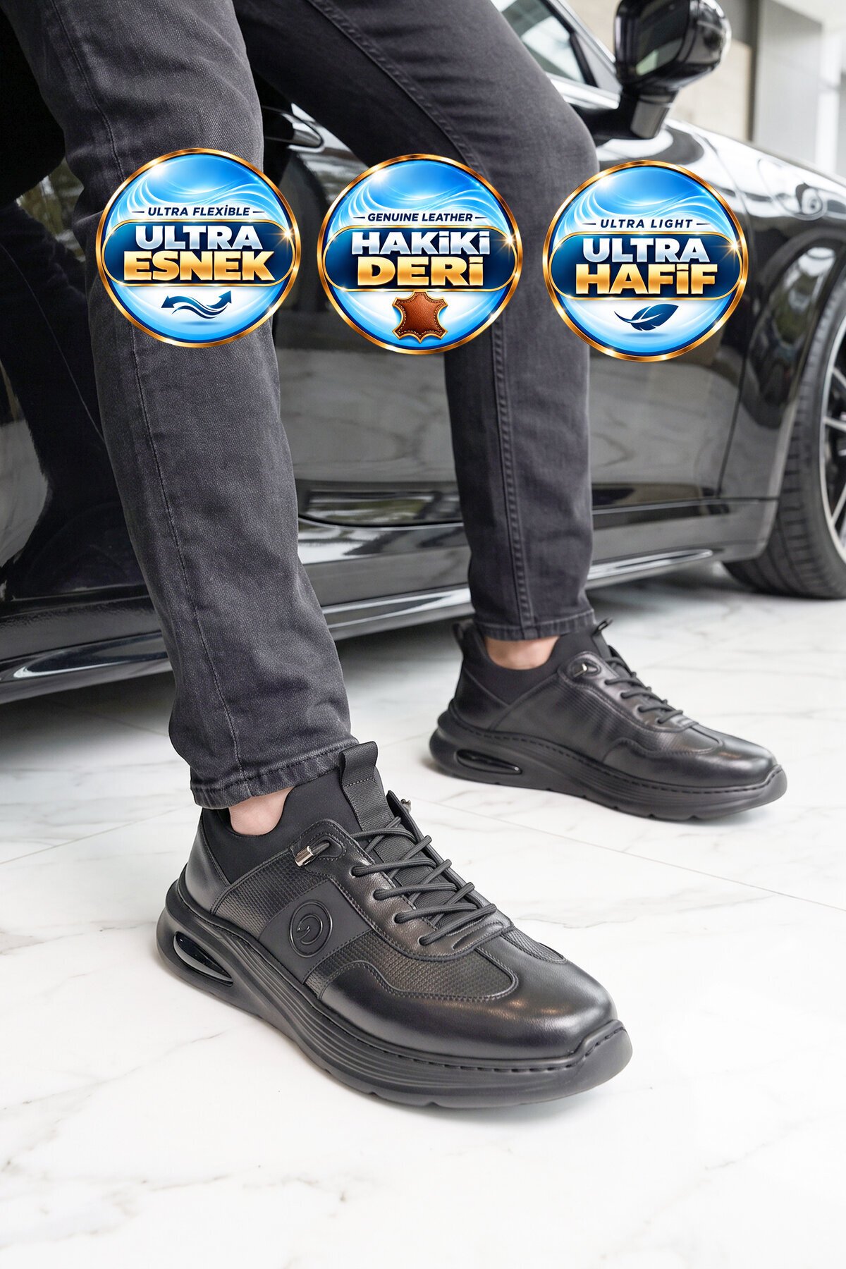 Siyah Hakiki Deri Erkek Casual Ayakkabı Şık Rahat Tabanlı Bağcıklı Sneaker 26K540-3