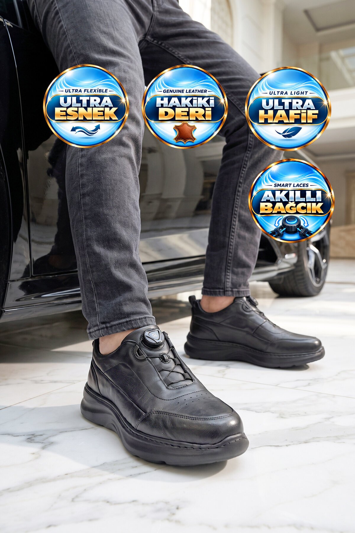 Siyah Hakiki Deri Erkek Casual Ayakkabı Şık Rahat Akıllı Bağcıklı Sneaker 26K541-1