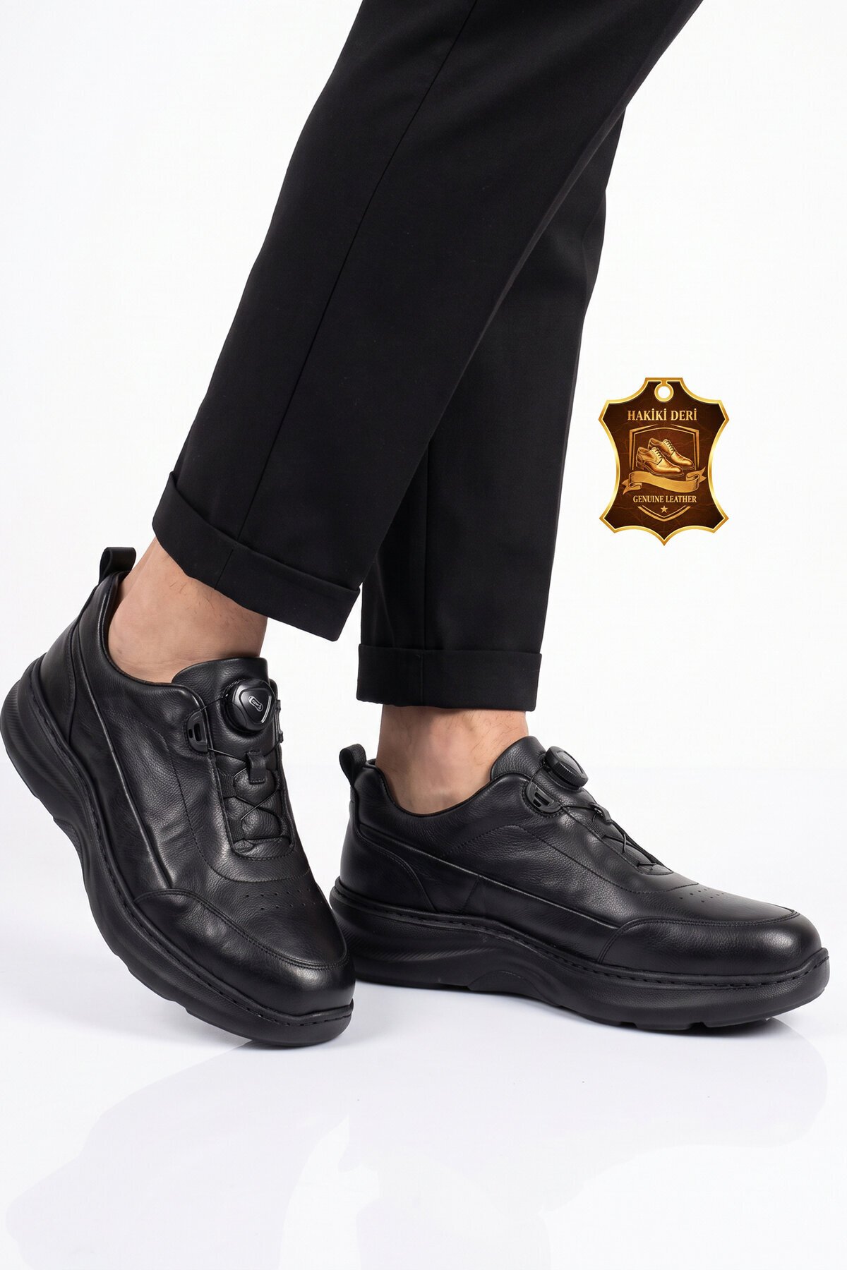 Siyah Hakiki Deri Erkek Casual Ayakkabı Şık Rahat Akıllı Bağcıklı Sneaker 26K541-1