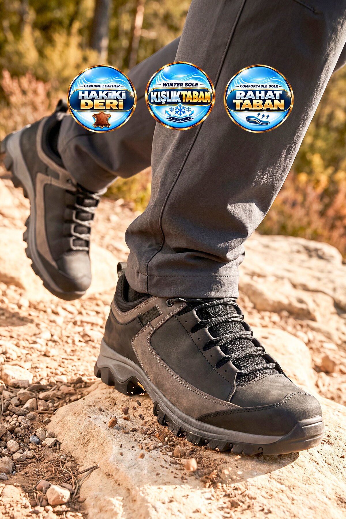 Erkek Siyah Hakiki Deri Bağcıklı Outdoor Trekking Ayakkabı 2546