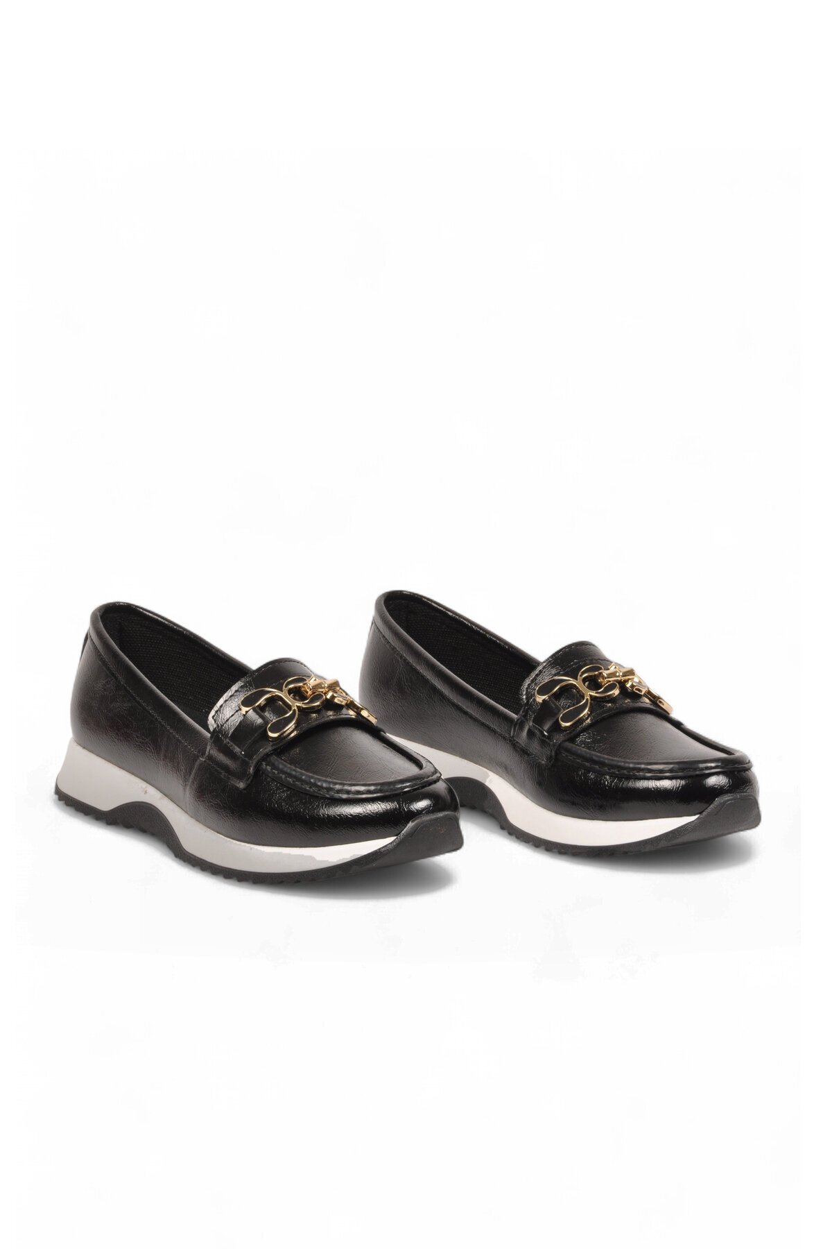 Toka Detaylı Kalın Tabanlı Şık Rahat Siyah Kırışık Kadın Casual Ayakkabı Loafer 062