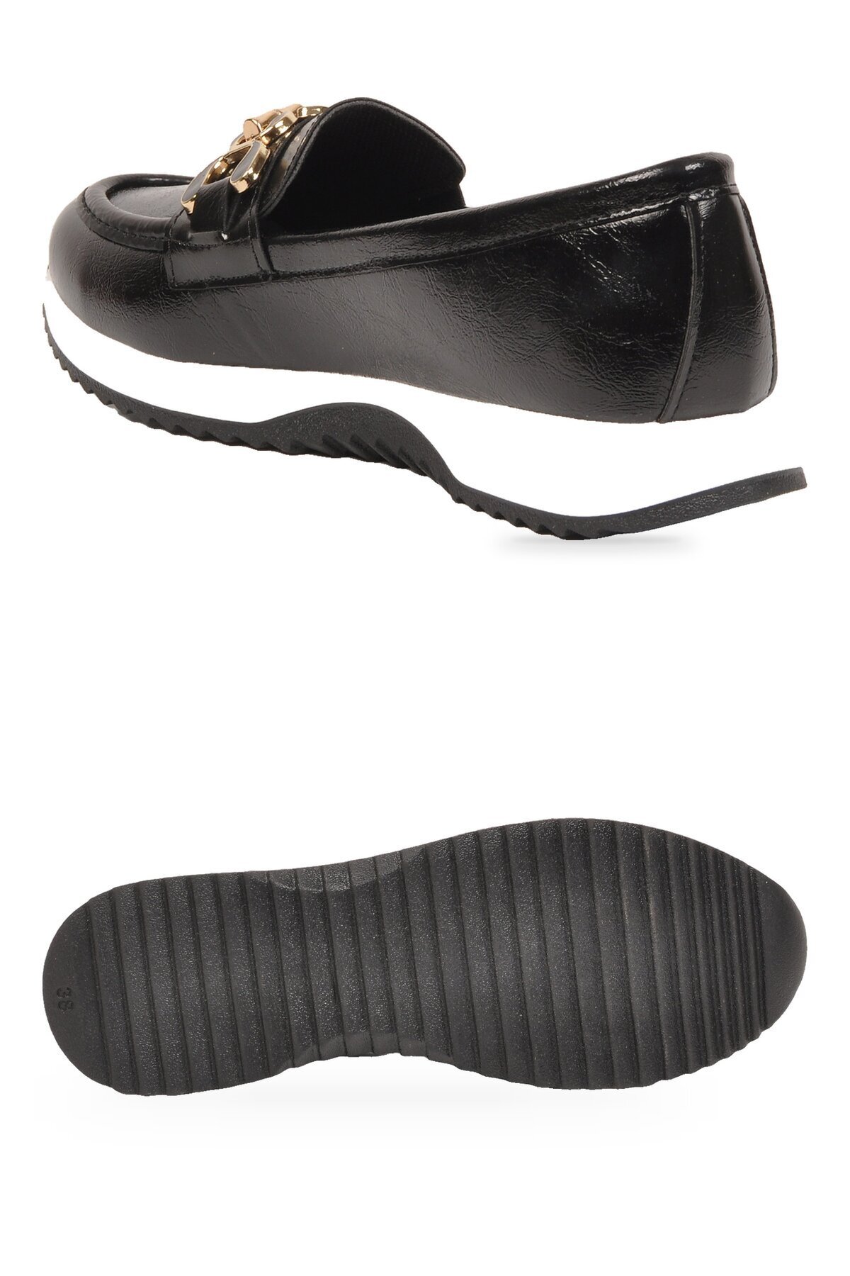 Toka Detaylı Kalın Tabanlı Şık Rahat Siyah Kırışık Kadın Casual Ayakkabı Loafer 062