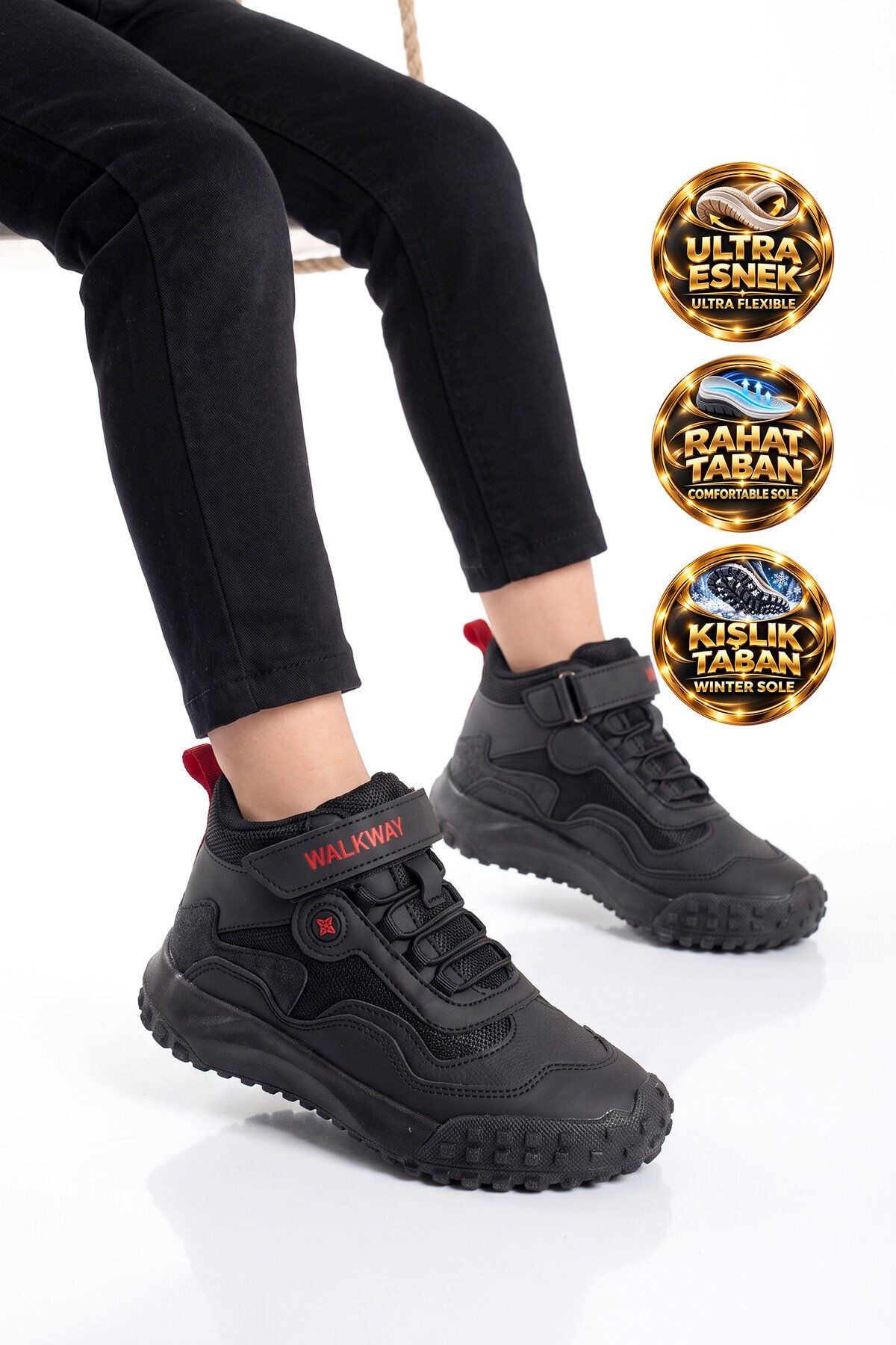 Erkek Çocuk Siyah-Kırmızı Cırt Bantlı Kauçuk Tabanlı Lastik Bağcıklı Sneaker Bot Orvo 2028