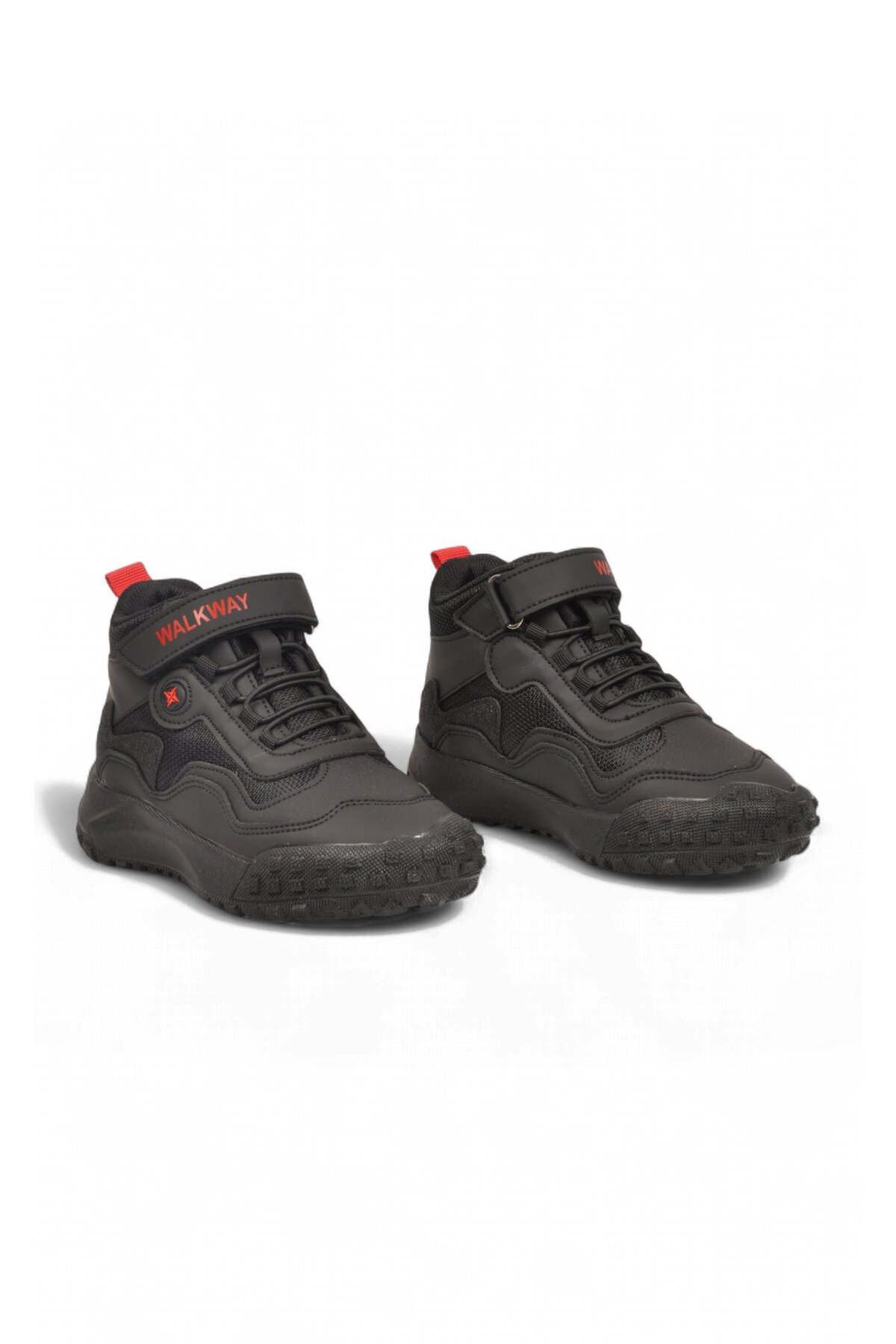Erkek Çocuk Siyah-Kırmızı Cırt Bantlı Kauçuk Tabanlı Lastik Bağcıklı Sneaker Bot Orvo 2028