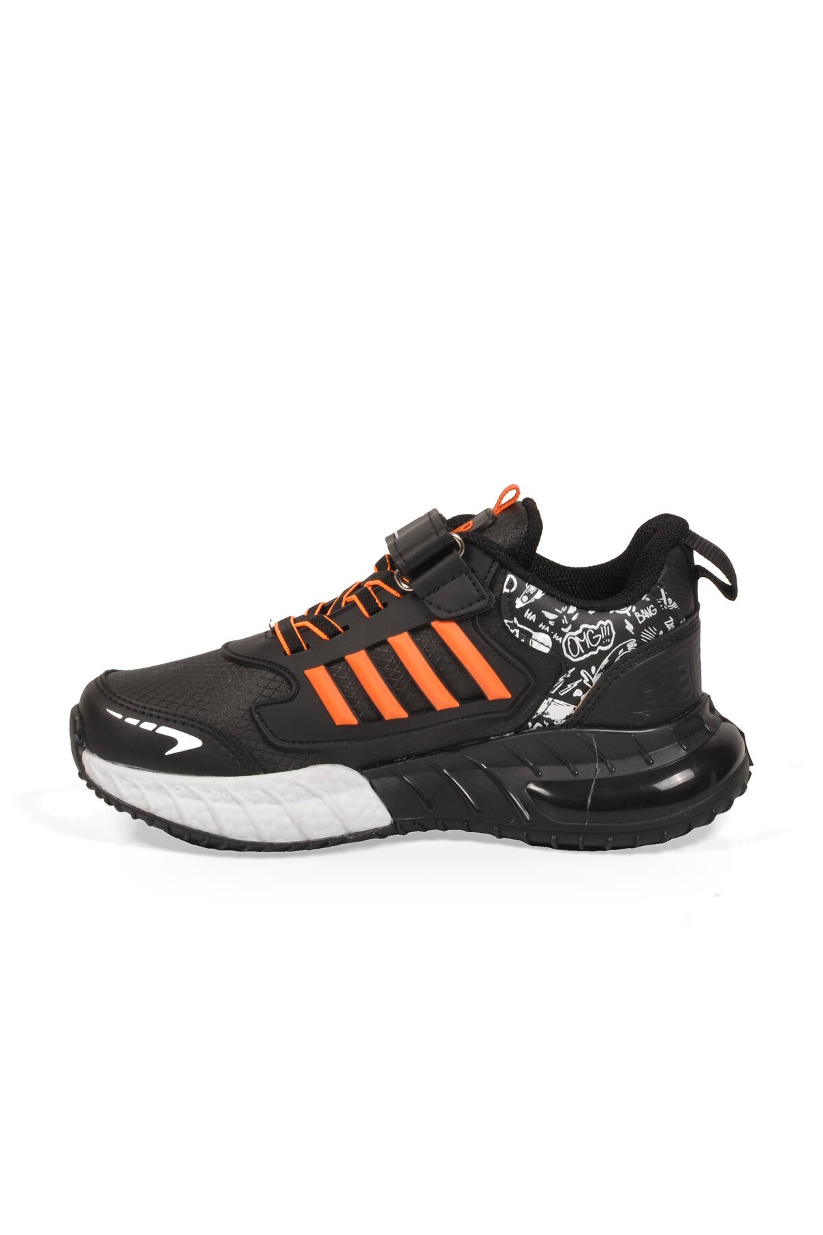 Siyah-Oranj Erkek Çocuk Spor Ayakkabı Cırt Bantlı Kalın Tabanlı Sneaker 748 Cilt