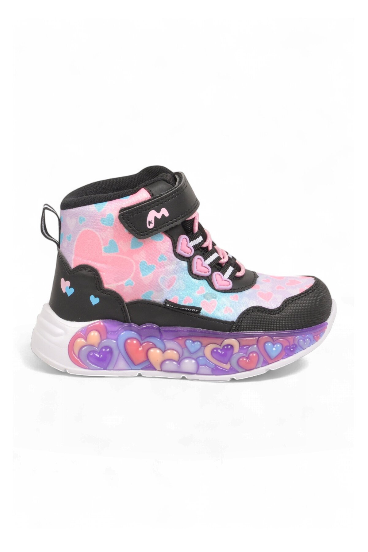 Kız Çocuk Su Geçirmez Işıklı Desenli Siyah-Pembe Cırt Bantlı Sneaker Bot Montana