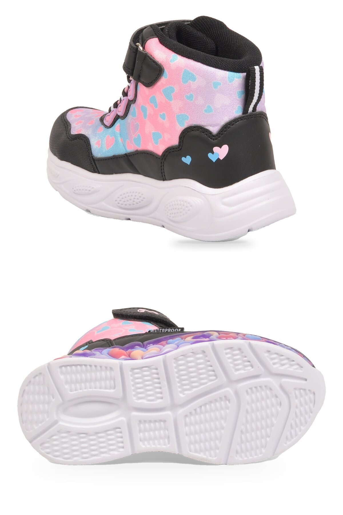 Kız Çocuk Su Geçirmez Işıklı Desenli Siyah-Pembe Cırt Bantlı Sneaker Bot Montana