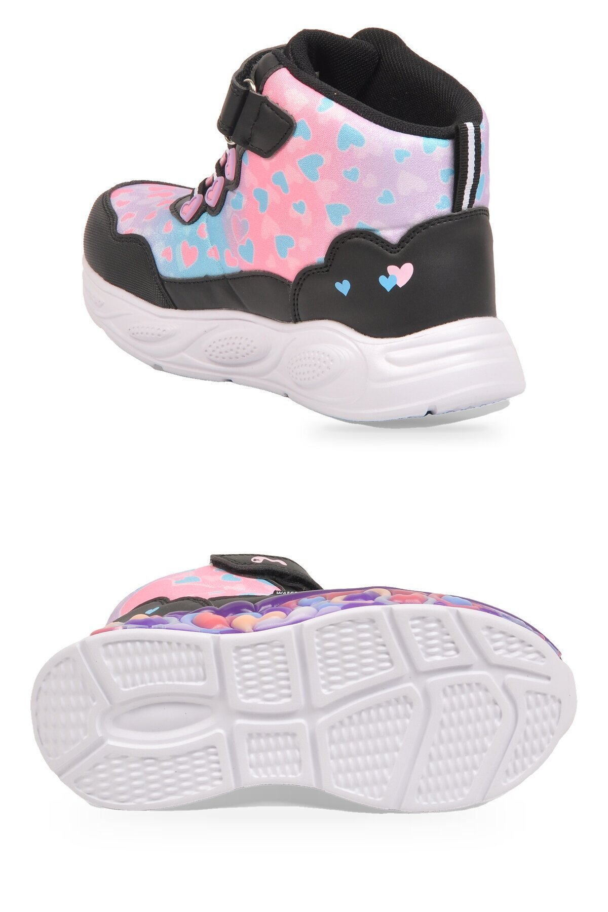 Kız Çocuk Su Geçirmez Işıklı Desenli Siyah-Pembe Cırt Bantlı Sneaker Bot Montana