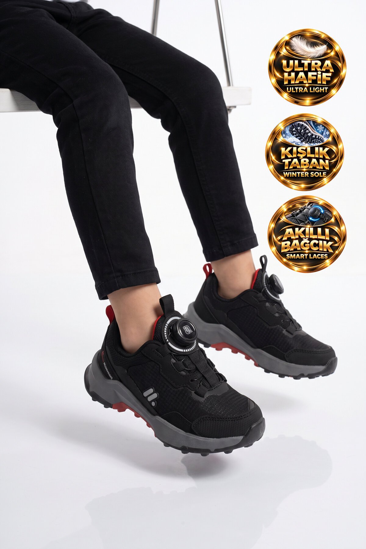 Siyah Erkek Çocuk Outdoor Ayakkabı Akıllı Bağcıklı Kauçuk Taban Günlük Ayakkabı BS-İH1-P-240