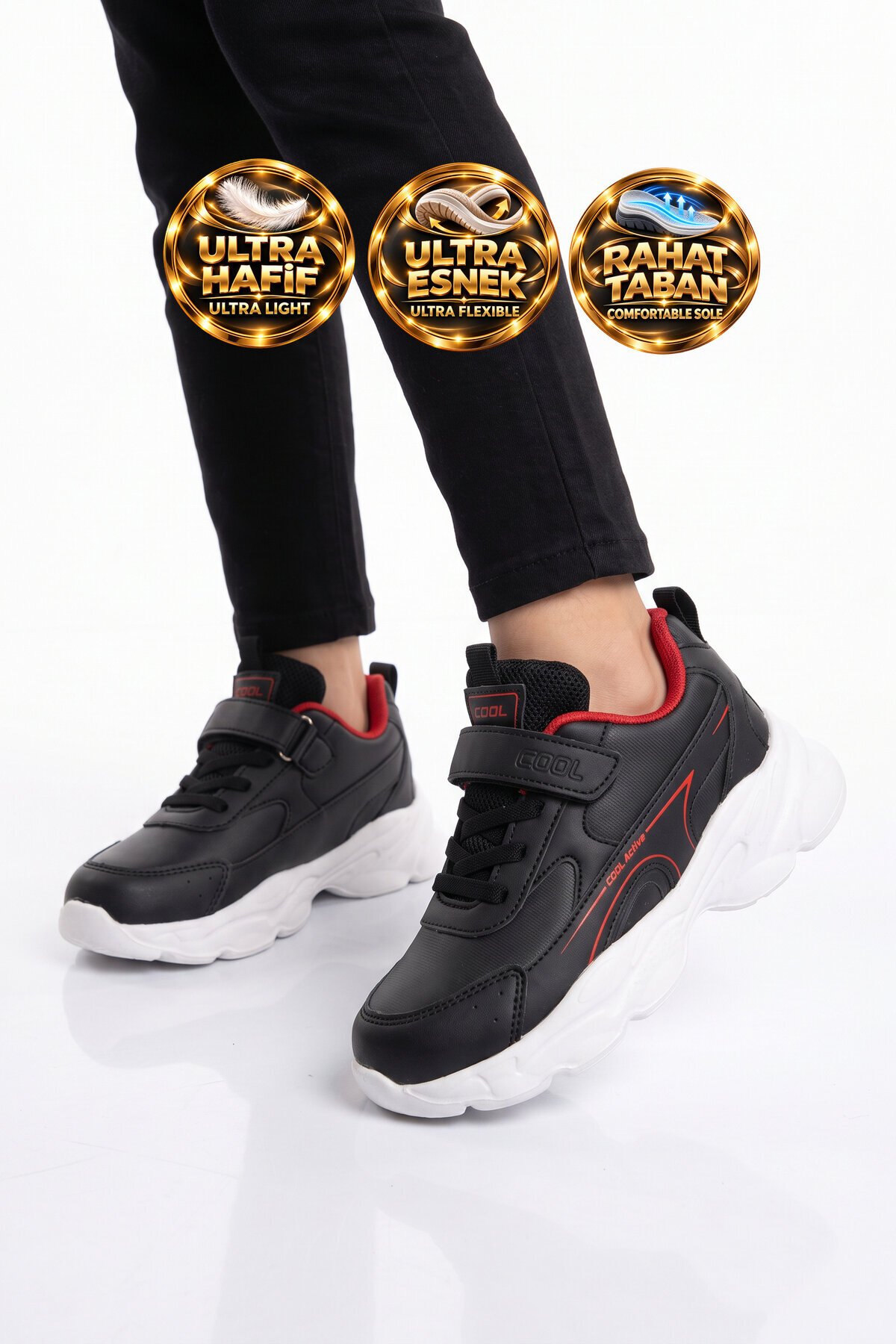 Siyah Unisex Çocuk Yürüyüş ve Spor Ayakkabı Cırtt Bantlı Kalın Taban Sneaker Kornos