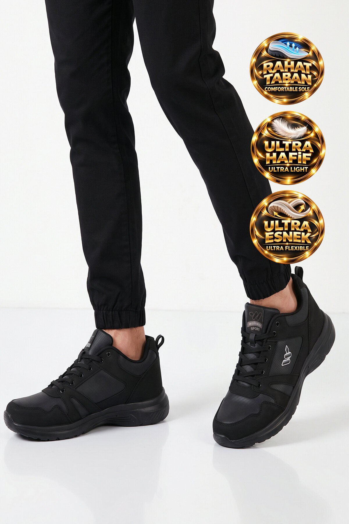 Erkek Siyah Büyük Numara Bağcıklı Hafif Esnek Yürüyüş ve Spor Ayakkabı Sneaker Core 020