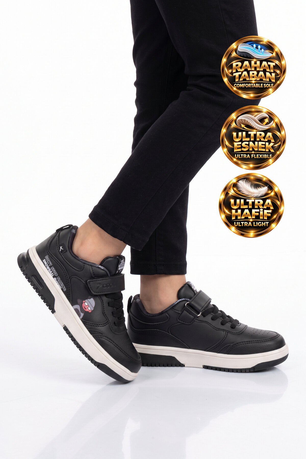 Siyah Erkek Çocuk Yürüyüş ve Spor Ayakkabı Cırt Bantlı Kalın Rahat Taban Sneaker Star 26K