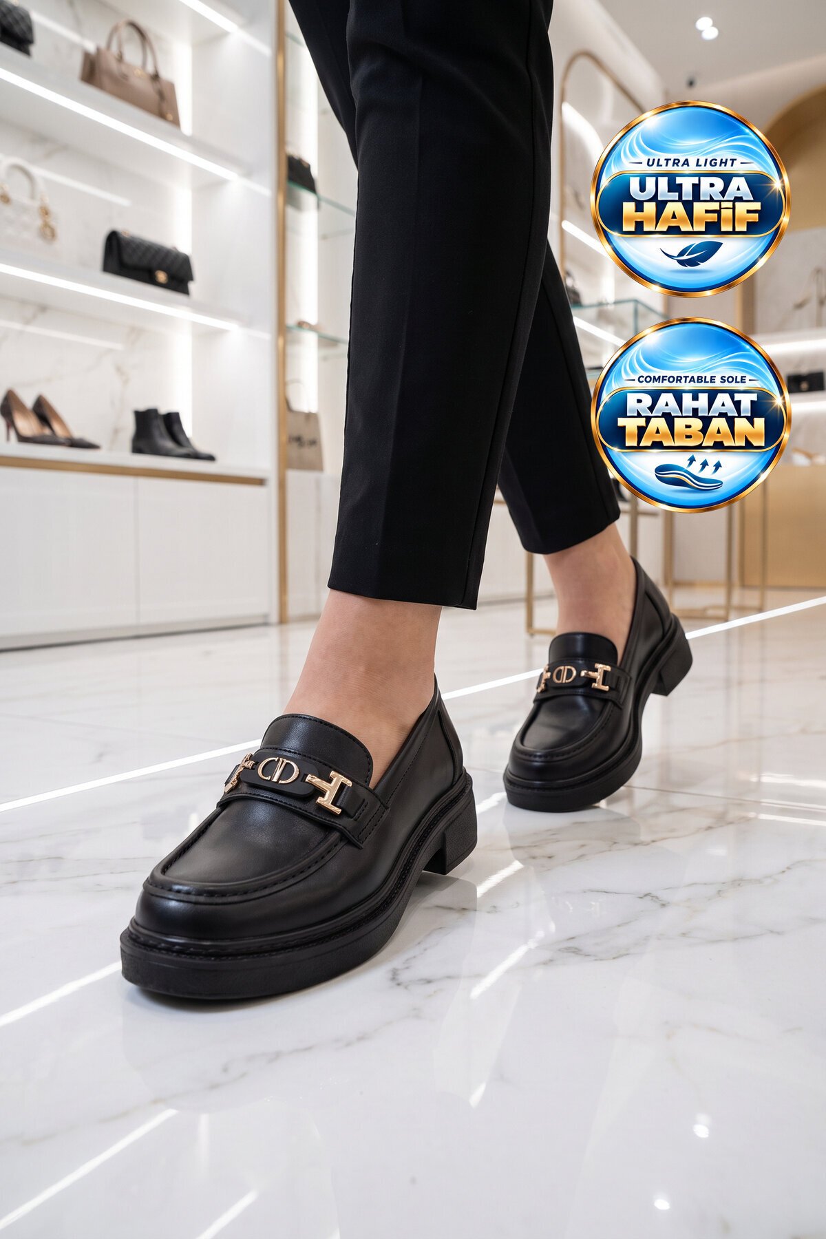 Toka Detaylı Kalın Tabanlı Şık Rahat Siyah Kadın Casual Ayakkabı Loafer 1805