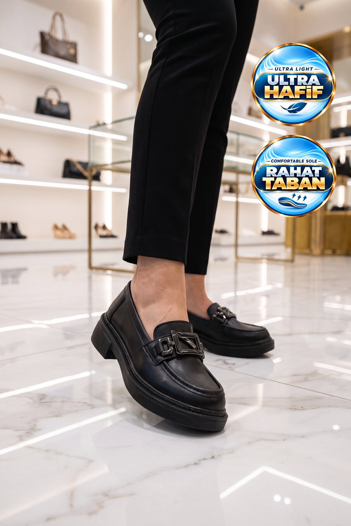 Toka Detaylı Kalın Tabanlı Şık Rahat Siyah Kadın Casual Ayakkabı Loafer 1837